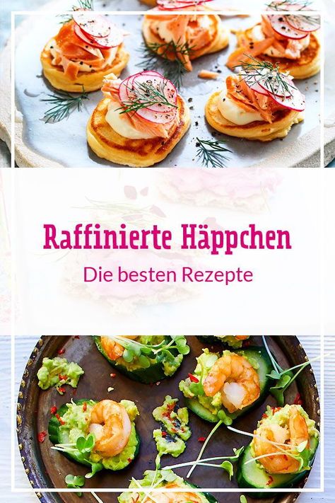 Kleine, raffiniert belegte Brotscheiben, lecker gefüllte Teigtaschen oder -röllchen, Mini-Spieße mit Fleisch, Fisch, Gemüse oder Käse: Häppchen sind ideal, um deinen Gästen auf Appetit auf den Abend zu machen. Die besten Rezepte! #häppchen #fingerfood #canapes #rezepte #partysnacks #partyrezepte Canapes Catering, Party Canapes, Buffet Party, Fingerfood Party, Mini Bites, Party Finger Foods, Party Buffet, Dinner Themes, Food To Go