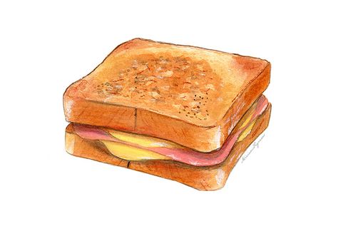 "Bikini" - ham and cheese sandwich by Miriam Figueras.  http://www.miriamfigueras.com/#/food-illustration/ Food Art Painting, Food Drawings, Food Artwork, Food Sketch, Ham And Cheese Sandwich, Food Illustration Art, Watercolor Food, Cute Food Drawings, Cute Food Art