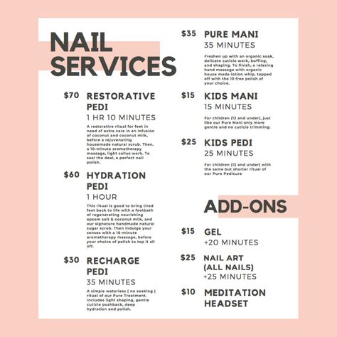 We wanted to share with you all our service menu for our nail services, provided by our lovely nail technician @bepurenailsbynaa.✨  Our nail services are available Sundays, Mondays and Tuesdays. As well as these nail services, we also have meditative foot soaks for you all to savor in- any day of the week. We will have the link to book both of these on our stories! Check them out to make sure that your spot is booked this upcoming week.   #crueltyfreebeauty #nontoxicskincare #organic #bepurebeau Home Service Nail Spa Ideas, Nail Salon Menu Ideas, Pedicure Promotions Ideas, Nail Service Menu Ideas, Salon Organization Ideas, Menu Nail, Toxic Nails, Foot Soaks, Pedicure Station