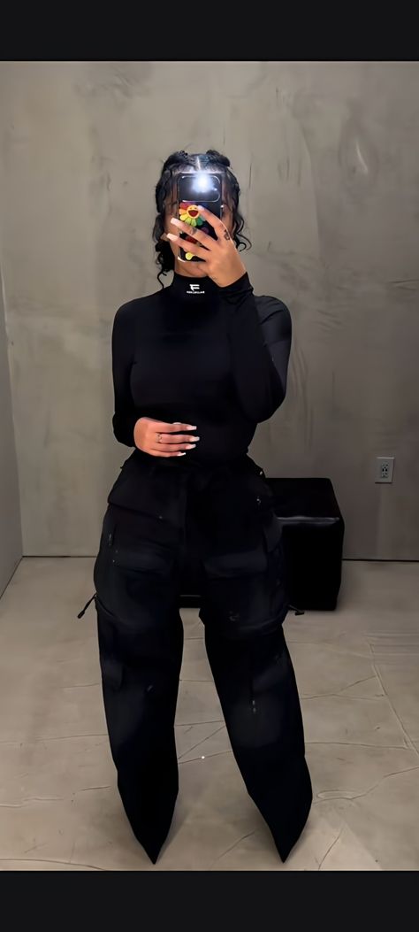 Set Outfits Black Women, Monochromatic Outfit Aesthetic Black Women, Kysre Gondrezick Outfits, All Black Dressy Casual Outfits, Black Woman Elegant Outfit, Kirah Ominique Outfits, Tomboy Femme Style Outfits Classy, Black Leather Button Up Shirt Outfit, All Black Winter Outfits For Women