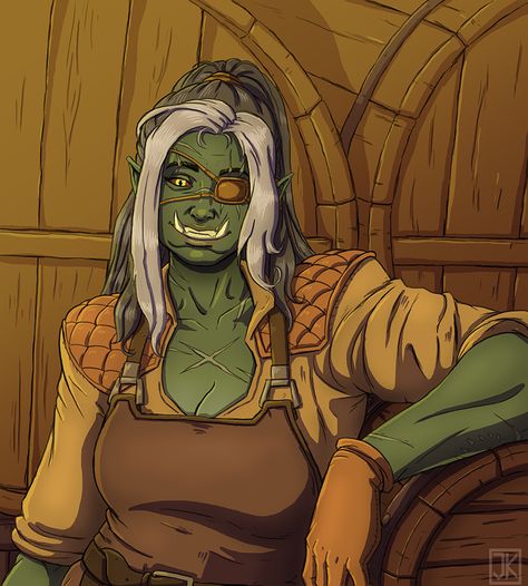 Don't cause trouble in her tavern or she will personally toss you to the curb. Orc Bartender, Dnd Bartender, Tavern Keeper, Fantasy Queen, Character Bank, Pencil Sketches, Dnd Characters, Melanie Martinez, Pencil Sketch