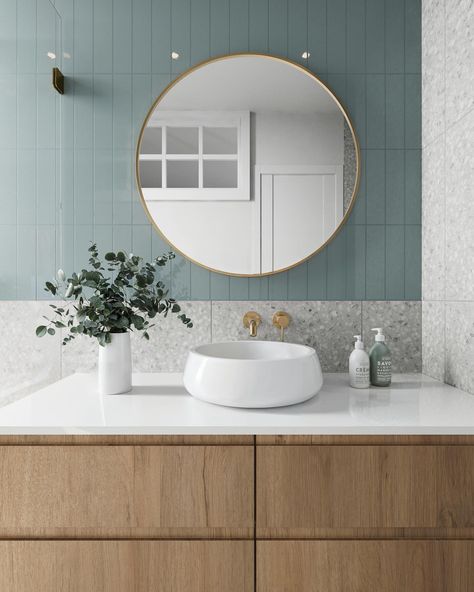 Edward Martin | Terrazzo paired with a pop of color? Yes, please! This bathroom is proof that a small space can have big impact. Featuring: - Naomi 3x12… | Instagram Organic Modern Bathroom, Glossy Ceramic Tile, Blue Subway Tile, Mediterranean Interior Design, Mediterranean Interior, Spa Like Bathroom, Blue Tile, Tile Inspiration, Blue Tiles