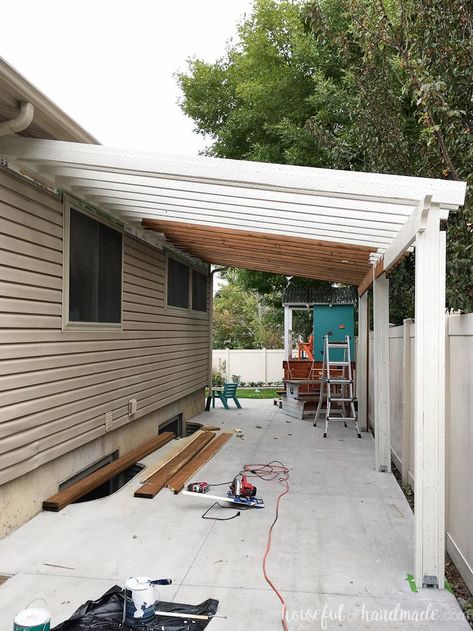 Learn how to build a DIY patio pergola on a budget. A step by step tutorial from Housefulofhandmade.com Diy Patio Pergola, Pergola On A Budget, Build A Pergola, Building A Patio, Cheap Pergola, Patio Pergola, Building A Pergola, Pergola Attached To House, Pergola Design