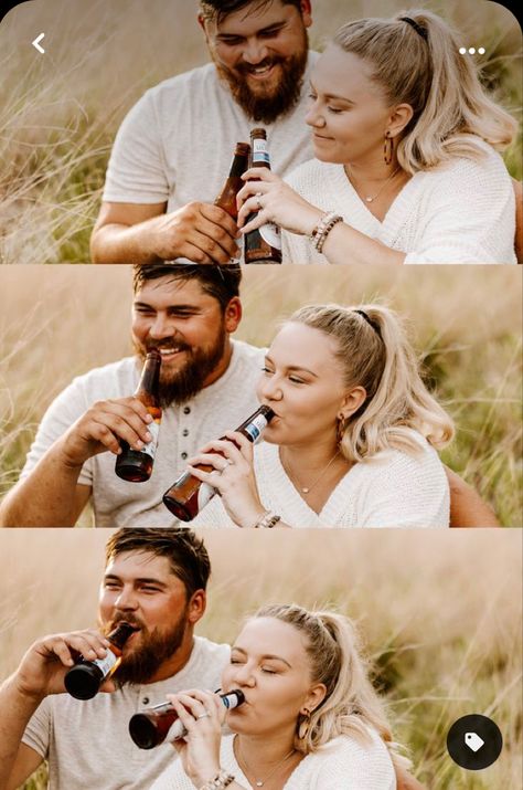 Engagement Pictures Theme, Engagement Photos Drinking Beer, Alcohol Engagement Photos, Pre Wedding Shoot Ideas In Park, Fun Outdoor Engagement Photos, Backyard Photoshoot Ideas Couple, Engagement Photo Sessions, Engagement Photos Different, Fun Engagement Photoshoot