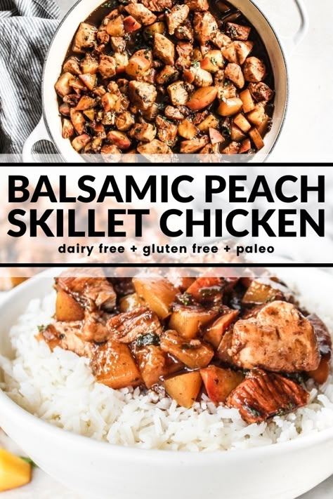 This balsamic peach chicken is a little sweet, a little tangy, and a whole lot of good! Serve over traditional rice or cauliflower rice for an easy dinner that everyone will love. Dinner Recipes With Peaches, Balsamic Peach Chicken, Macro Lunch, Balsamic Peach, Paleo Entrees, Peach Chicken, Df Recipes, Gf Dinner, Chicken Skillet Recipes