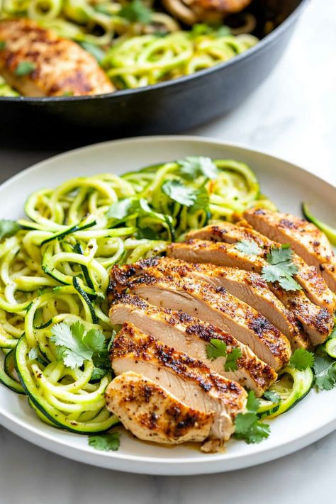 Looking for a healthy and delicious meal idea? Try this flavorful garlic chicken breast with zoodles recipe tonight! Tender, juicy chicken breast paired with spiralized zucchini noodles makes for a satisfying low-carb dinner option. This dish is quick and easy to make, perfect for busy weeknights. Enjoy a nourishing meal that's packed with protein and veggies. Add this recipe to your dinner rotation for a nutritious twist on classic comfort food! Tender Juicy Chicken Breast, Spiralized Zucchini Recipes, Zucchini Spirals, Best Chicken Breast, Zoodles Recipe, Juicy Chicken Breast, Delicious Chicken Breast Recipes, Zesty Italian Dressing, Spiralized Zucchini