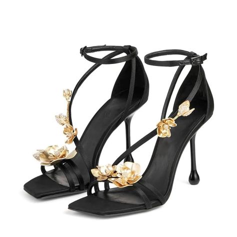 Black Flower Heels, Golden Heels, Flower Heels, Square Toe Shoes, Dress Heels, Golden Flower, Heels For Women, Heel Slippers, Golden Rose