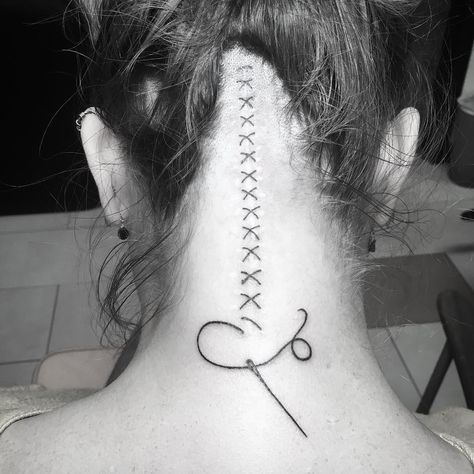 Tattoo Stitches Scar, Stitches Scar Tattoo Design, Tattoo Over Back Scar, Stitches Scar Tattoo Ideas, Zipper Tattoo Over Scar, Stitches Tattoo Scar, Neck Scar Tattoo, Sewn Tattoo, Back Scar Tattoo