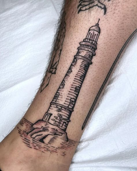 Lighthouse Tattoo Meaning, Lighthouse Tattoos, Woodcut Tattoo, Castle Tattoo, Lighthouse Tattoo, Tattoo Meanings, Tattoo Illustration, Beacon Of Hope, Friend Tattoos