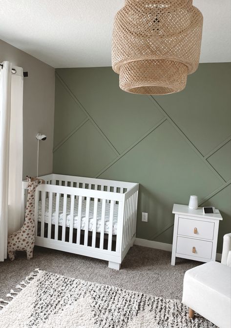 Green Twin Nursery, Olive Green Accent Wall Nursery, Sage Nursery Accent Wall, Geometric Nursery Wall, Light Green Accent Wall Nursery, Olive Green And Cream Nursery, Modern Nursery Accent Wall, Accent Wall Ideas Nursery, Wood Panel Accent Wall Nursery