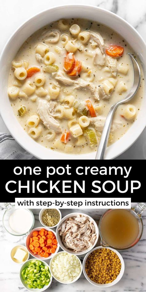 Recipes With Ditalini Pasta, Soup Toppings, Juicy Shredded Chicken, Creamy Chicken Noodle Soup, Roasted Red Pepper Soup, Ditalini Pasta, Chicken Soup Recipe, Chicken And Veggies, Creamy Chicken Soup