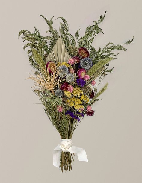 This handcrafted bouquet is bursting with joyful color thanks to forged and dried flora, including brake fern, statice, agapanthus sprockets, foxtail grass, yarrow, globe amaranth, and globe thistle. It comes prearranged and tied with a raw silk ribbon. Ready to gift to a friend, or to treat yourself to. Handcrafted by Right Side Hand, each bouquet is unique; expect some variation. Foxtail Grass, Globe Thistle, Globe Amaranth, Strange Flowers, Herb Farm, Floral Work, Plant Delivery, Dried Bouquet, A Bouquet Of Flowers