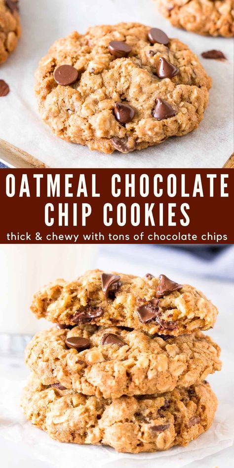 These oatmeal chocolate chip cookies are thick and chewy for the perfect cookie texture. The oats add tons of chewiness and they have a hint of cinnamon an brown sugar for tons of flavor. Filled with chocolate chips for the ultimate cookie recipe #chewy #oatmealcookies #chocolatechip #recipe from Just So Tasty https://www.justsotasty.com/soft-and-chewy-oatmeal-chocolate-chip-cookies/ Chewy Chocolate Chip Oatmeal Cookies, Chewy Oatmeal Chocolate Chip Cookies, Chocolate Chip Oatmeal Cookies, Oatmeal Chocolate Chip Cookie Recipe, Easy Sweets, Oatmeal Cookies Chewy, Easy Oatmeal, Oatmeal Chocolate Chip, Oatmeal Recipe