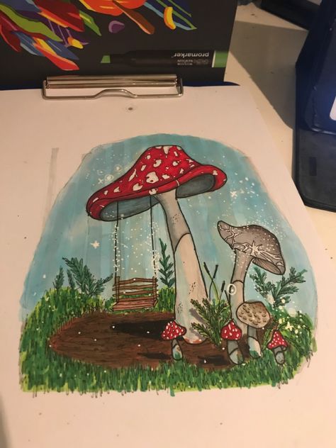 Mushroom Forest Drawing Easy, Forest Core Drawing, Fairy Cottage Drawing, Mushroom Fairy Painting, Fairy Forest Drawing, Mushroom Forest Drawing, Mushroom Forest Painting, Forest Drawing Easy, Mushroom Forest Art