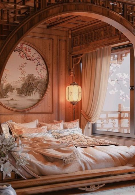 Chinese Bedroom Ideas, Chinese Bedroom Design, Asian Bedroom Ideas, Asian Themed Bedroom, Chinese Style Bedroom, Chinese Bedroom, Japanese Style Bedroom, Japanese Home Design, Chinese House