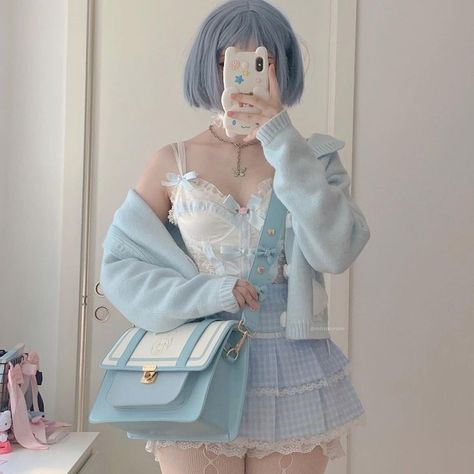 pastel blue kawaii fashion jfashion cute kidcore sweetcore aesthetic outfit bows dollette Blue Clothes Aesthetic, Aesthetic Tie Dye, Pastel Outfits Aesthetic, Pastel Blue Outfit, Soft Aesthetic Outfits, Cute Pastel Outfits, Sanrio Outfits, Kawaii Outfits Aesthetic, Kawaii Outfit Ideas