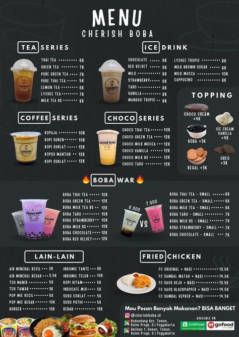 Boba Drink Menu Design, Boba Menu Design Ideas, Boba Tea Menu Design, Starbucks Menu Design, Bubble Tea Ideas, Menu Boba Drink, Cafe Menu Ideas Food Coffee Shop, Boba Menu Design, Menu Food Design Ideas