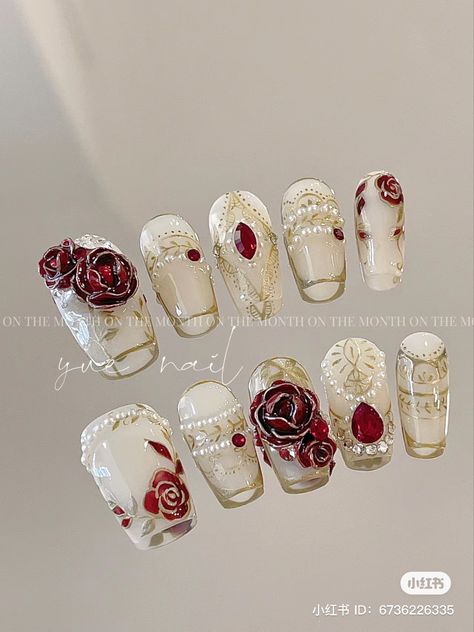 White Nails With Red Roses, Red Lace Nails, Red Roses Nails, Red Rose Nails, Rococo Nails, Nails With Roses, Xiaohongshu Nails, Nails Engagement, Nails Gray