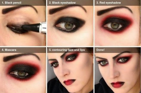 :-) Kids Vampire Makeup, Eye Makeup Red Dress, Vampire Makeup Tutorial, Steampunk Makeup, Vampire Makeup Halloween, Devil Makeup, Halloween Make-up Looks, Halloweenský Makeup, Make Up Designs