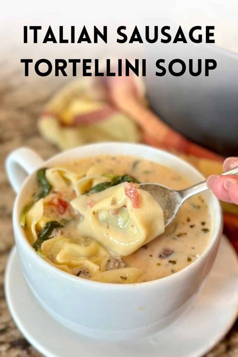 This Italian Sausage Tortellini Soup is a one pot soup that uses store-bought tortellini and comes together in 30 minutes for a creamy weeknight dinner. Sausage Tortellini Soup Stovetop, Tortellini Soup Crockpot, One Pot Soup, Italian Sausage Tortellini, Italian Sausage Tortellini Soup, Turkey Italian Sausage, Creamy Tortellini Soup, Sausage Tortellini Soup, Sausage Tortellini