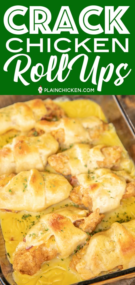 Crack Chicken Roll Ups - our favorite weeknight meal!! Frozen chicken fingers, cheddar cheese, bacon and ranch wrapped in crescent rolls and topped with cream of chicken soup and milk. Seriously delicious!! I always have to double the recipe for my family. We never have any leftovers! #chicken #casserole #chickencasserole #weeknightdinner #easychickenrecipe Crescent Roll Recipes Dinner, Chicken Roll Ups, Chicken Roll, Plain Chicken, Chicken Rolls, Crescent Roll Recipes, Crescent Roll, Chicken Fingers, Frozen Chicken