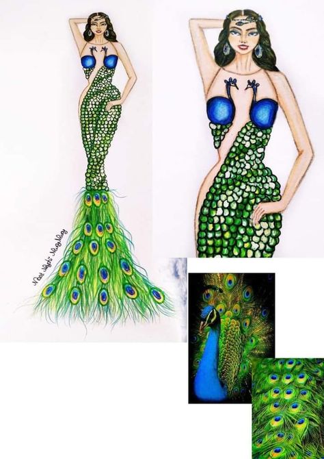 Peacock Fashion Illustration, Peacock Dress Illustration, Peacock Dress Design Illustration, Natural Motifs Drawing, Natural Motif Drawing, Peacock Dress Design, Green Mermaid Prom Dress, Mood Board Fashion Inspiration, Accessories Design Sketch