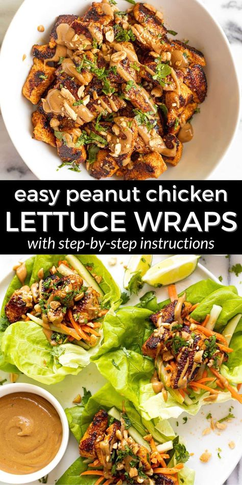 Peanut Chicken Lettuce Wraps, Easy Peanut Chicken, Easy Chicken Lettuce Wraps, Thai Lettuce Wraps, Thai Chicken Lettuce Wraps, Peanut Tofu, Easy Peanut Sauce, Chicken Lettuce Wraps Recipe, Lettuce Wrap Recipes