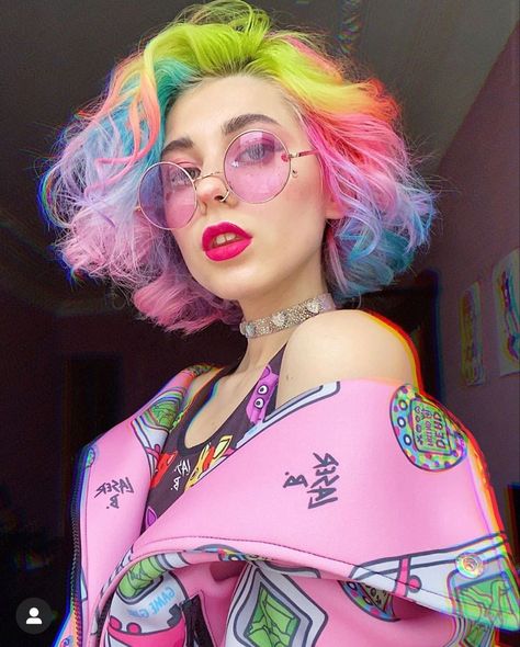 Split Dye Hair Colors, Cotton Candy Hair Pink, Pink And Rainbow Hair, Fantasy Hair Color Short, Rainbow Hair Aesthetic, Weird Hair Colors, Rainbow Hair Color Short, Creative Hair Dye, Rainbow Short Hair