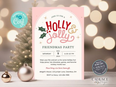 "Host a Holly Jolly Friendmas party with this editable invitation featuring modern pink, classic red and green, and hints of gold. It's prefect for a relaxing night of celebrating with friends. This can work for a kids or tween Friendmas PJ party or holiday sleepover too! Send a printed invite or just text the invitation to guests from your phone! ♥ DEMO LINK ♥ Try before buying!  Simply copy and paste the URL below into your browser: https://www.corjl.com/d/3K3I7I EDITABLE FILE You personalize Kids Christmas Party Invite, Kids Christmas Party Invitations, Friendmas Party Invitation, Christmas Party Invitations Ideas, Holiday Sleepover, Christmas Bunco, Kids Holiday Party, Friendsmas Party, Girls Christmas Party