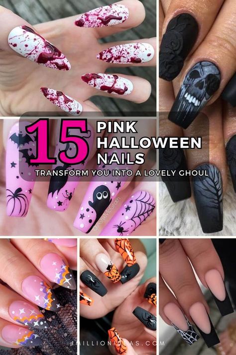 A collection of 20+ devilishly stylish Halloween acrylic nail designs, a must-try for the 2023 Halloween season. Halloween Nail Designs Pink And Black, Spooky Pink Nails, Halloween Nails Pink And Black, Halloween Nails Medium Length, Spooky Halloween Nails Acrylic, Hot Pink Halloween Nails, Pink Halloween Nails Acrylic, Halloween Nails Coffin Shape, Pink Halloween Nail Designs