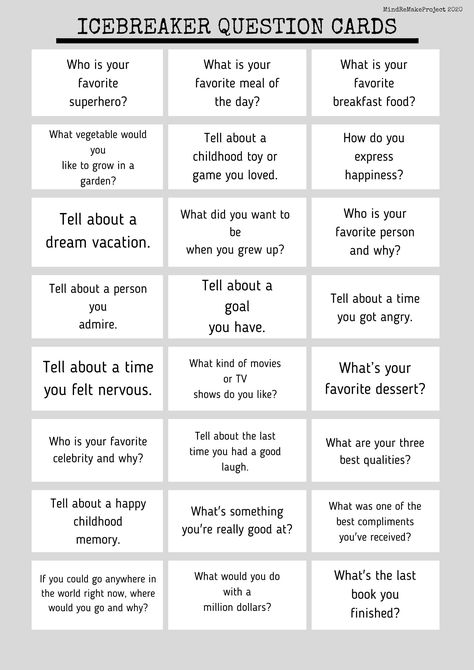 Free printable worksheet Ice Breaker Group Therapy, Small Group Therapy Activities, Social Support Group Activities, Rec Therapy Activities For Adults, Group Therapy Questions, Therapy Ice Breakers, Counseling Techniques Therapy Ideas, Teen Counseling Activities, Teen Group Therapy Activities