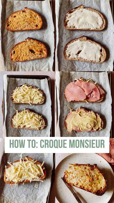 Step by step photos overhead of croque monsieur making. Croquet Monsieur Recipes, Croque Monsieur Mac And Cheese, Croque Monsieur Recipe Its Complicated, Soup And Toasties, Homemade Sandwiches Ideas, French Grilled Cheese Croque Monsieur, How To Make Croque Monsieur, Ham Cheese Toastie, Keto Croque Monsieur