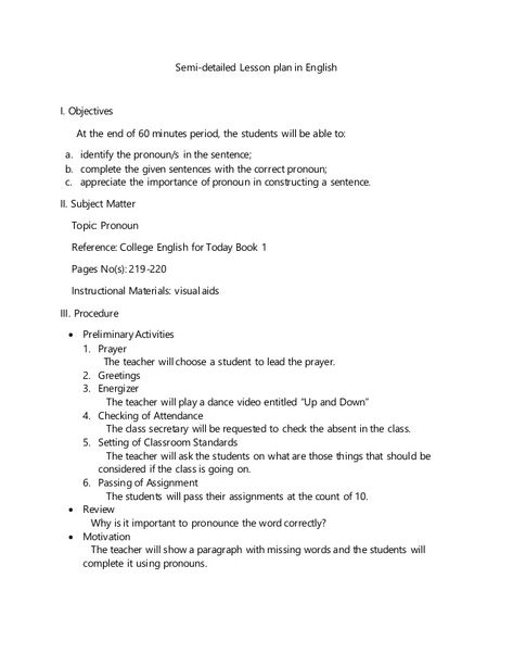 Semi detailed lesson plan in english(pronoun) Semi Detailed Lesson Plan In English, Adjective Lesson, Grade 1 Lesson Plan, English Teacher Lesson Plans, Adjectives Lesson, English Pronouns, Education Goals, Demonstrative Pronouns, Lesson Plan Format