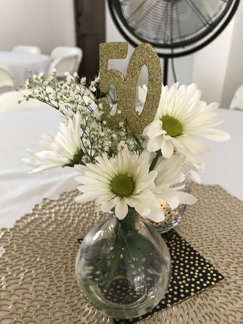 50th Bday Decorations, Diy 50th Centerpieces, 50 Years Centerpieces, 50 Th Anniversary Table Centerpieces, 50 Year Wedding Anniversary Decorations, 60th Anniversary Table Centerpieces, Golden Anniversary Centerpiece Ideas, Center Piece For Anniversary Party, 25 Anniversary Ideas Table Decorations