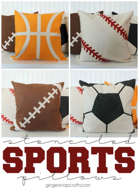 DIY Stenciled Sports Pillows at GingerSnapCrafts.com Football Pillows Diy, Diy Sports Decor, Pillows For Boys, Sports Pillows, Best Fabric Paint, Baseball Pillow, Stenciled Pillows, Baseball Bedroom, Football Pillows