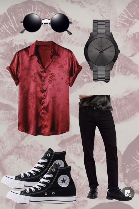 Mens Reputation Outfit Taylor Swift, Reputation Era Outfits Men, Eras Tour Outfits Reputation Men, Mens Era Tour Outfit, Men’s Reputation Era Outfit, Reputation Taylor Swift Outfits Men, Eras Tour Mens Outfits, Eras Tour Outfits Men, Red Shirt Eras Tour