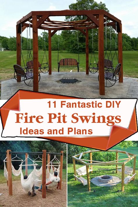 Firepits Backyard Diy Corner, Fire Pit With Hanging Chairs, Diy Fire Pit Pergola, Fire Pit Swings Diy, Gazebo Ideas Backyard Fire Pit, Fire Pit With Hammock Chairs, Backyard Fire Pit Patio, Swings Around Fire Pit Ideas, Pergola Fire Pit Ideas Backyard