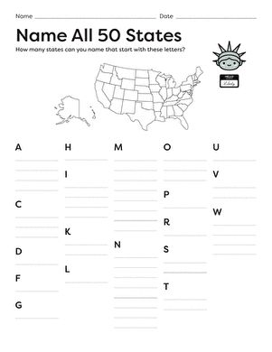 Name All 50 States | Worksheet | Education.com 50 States Worksheets, Learning States Free Printables, 50 States Activities, Sorting Worksheet, Learning States, Mnemonic Devices, The 50 States, Math Division, Fun Sleepover Ideas