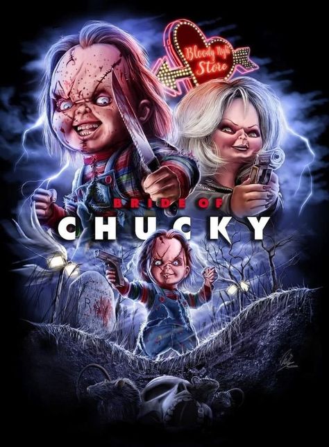 Chucky And His Bride, Chucky Horror Movie, Trippy Pictures, Harley And Joker Love, Childs Play Chucky, Bride Of Chucky, Horror Lovers, Horror Posters, Old Flame