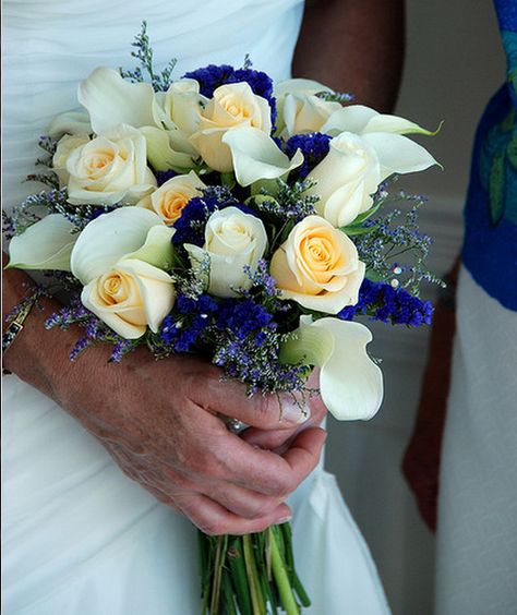 blue and white flowers Royal Blue And Cream Wedding, Bouquet Pictures, Blue Bouquets, Calla Lily Bridal Bouquet, Aviation Wedding, Lily Bridal Bouquet, Baby Blue Weddings, Calla Lily Bridal, Pictures Winter