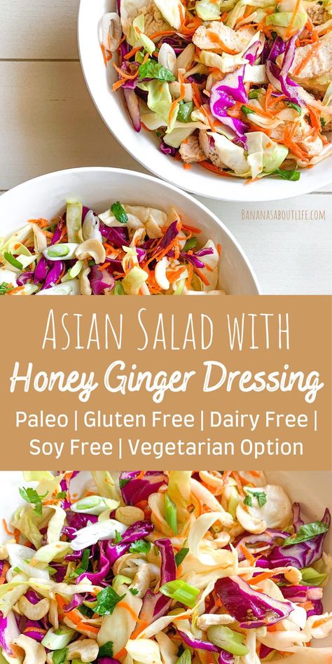 Asian salad with dressing Healthy Asian Salad, Honey Ginger Dressing, Grain Free Recipes Dinner, Salad With Dressing, Gluten Free Salad Dressing, Dairy Free Salad Dressing, Gluten Free Dressing, Gluten Free Asian Recipes, Grain Free Dinner