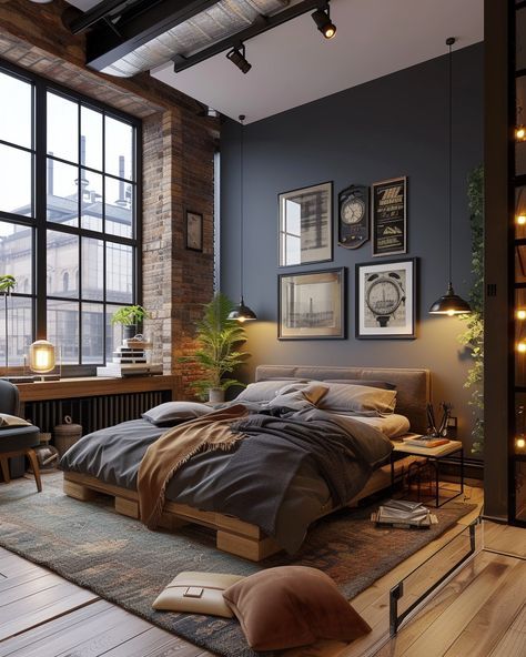 Blue Industrial Interior, Industrial Style Interior Design Bedroom, Industrial Chic Bedroom Ideas, Nyc Loft Bedroom, Industrial Cozy Bedroom, Bedroom With Exposed Brick, Blue Industrial Bedroom, Bedroom Ideas Brick Wall, Industrial Teen Boy Bedroom