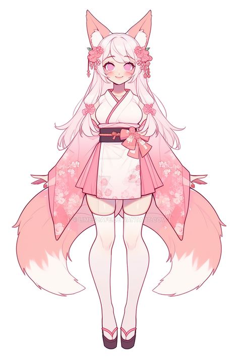 Kitsune Base Drawing, Kitsune Outfit Ideas, Female Fox Character, Kitsune Oc Art, Sakura Character Design, Kitsune Base, Fox Tail Drawing, Kitsune Girl Art, Kitsune Lady