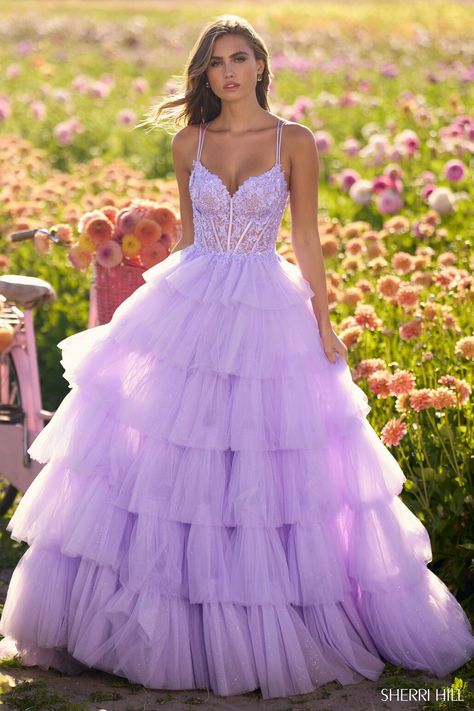 Buy dress style № 56192 designed by SherriHill Prom Vibes, Ruffle Tulle Dress, Tulle Ballgown, Black Quinceanera Dresses, Red Quinceanera Dresses, Purple Things, Ethereal Dress, Prom Inspo, Sherri Hill Prom