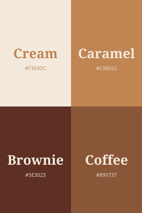 An image displaying a warm brown color palette with four shades: Cream (#F3E9DC), Caramel (#C08552), Brownie (#5E3023), and Coffee (#895737) Brown And Cream Palette, Caramel Brown Color Palette, Canva Brown Palette, Brown And Silver Color Palette, Cozy Colour Scheme, Cream Palette Color, Brown Hues Colour Palettes, Human Color Palette, Warm Browns Palette