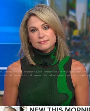 Amy’s green ribbed turtleneck dress on Good Morning America. Outfit Details: https://wornontv.net/188663/ #GoodMorningAmerica Amy Robach, America Dress, America Outfit, Worn On Tv, Turtleneck Dress, Round Face Haircuts, Girl Celebrities, Favorite Hairstyles, Ribbed Turtleneck