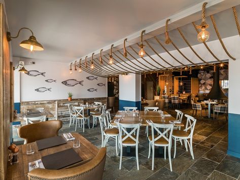 Sea Food Restaurant Design Interiors, Coastal Restaurant Design, Seafood Restaurant Interior, Coastal Restaurant, Coastal Cafe, Sustainable Restaurant, Ship Rope, Marina Restaurant, Nautical Bar