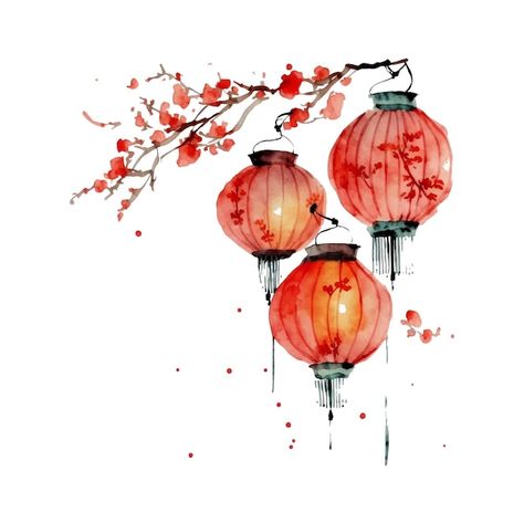 Download this Premium Vector about Chinese New Year festive vector card Design on watercolor background Chinese red lanterns, and discover more than 15 Million Professional Graphic Resources on Freepik Chinese Lantern Drawing, Lanterns Drawing, Art Floral Japonais, Lantern Drawing, New Year's Drawings, Red Lanterns, Lantern Art, New Year Art, Japanese Watercolor