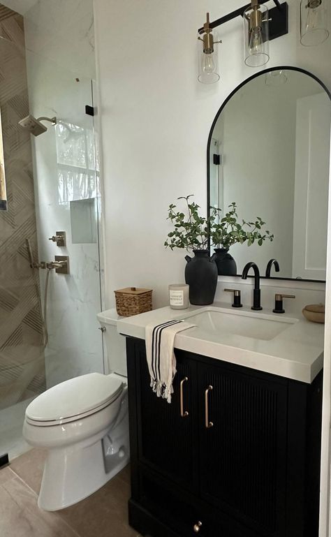 Restroom With Black Accents, White Walls Black Cabinets Bathroom, Black Toilet Powder Room, Black Cabinet Small Bathroom, Bathroom Decor Oak Cabinets, Dark Vanity White Countertop, Black White Neutral Bathroom, Men’s Restroom Decor, Half Bathroom Ideas Black Vanity