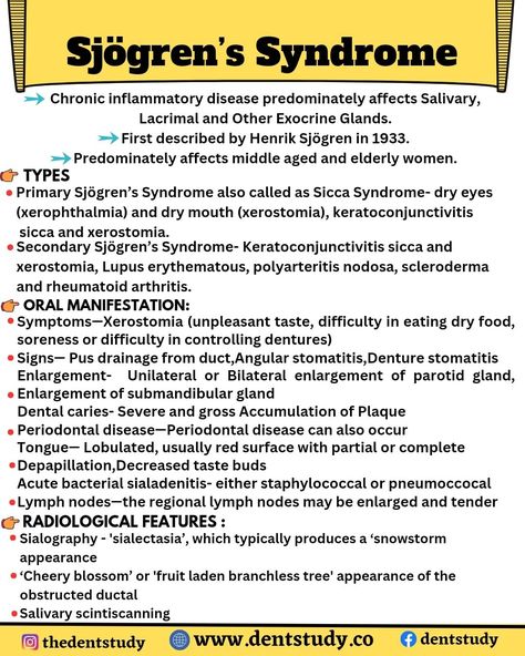 🌸 Understanding Sjögren's Syndrome 🌸 ⭐Sjögren's Syndrome is an autoimmune disorder where the body's immune system mistakenly attacks its own moisture-producing glands. This can lead to dry eyes, dry mouth, and other systemic issues. 👁️ Symptoms can include: ✳️Persistent dry eyes and mouth ✳️Joint pain and swelling ✳️Fatigue ✳️Dry skin 📢Visit our website 🌐www.dentstudy.co For more notes 📋 MCQs and Q & A #SjögrensSyndrome #AutoimmuneDisease #dentstudy #dentstudygram #dentalnotes #dentalpos... Exocrine Gland, Parotid Gland, Sjogrens Syndrome, Dry Mouth, Autoimmune Disorder, Dry Eyes, Autoimmune Disease, Immune System, Dry Skin